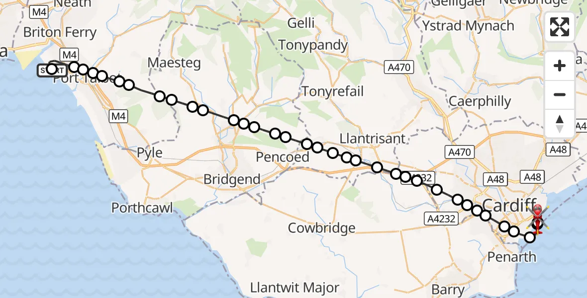 Flight route Air Ambulance Helicopter Sandfields - Cardiff Heliport, 07 October 2026, 16:21