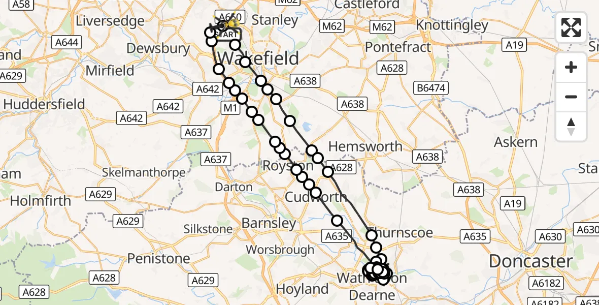 Flight route Police Helicopter Wrenthorpe - East Ardsley, 07 October 2026, 16:23