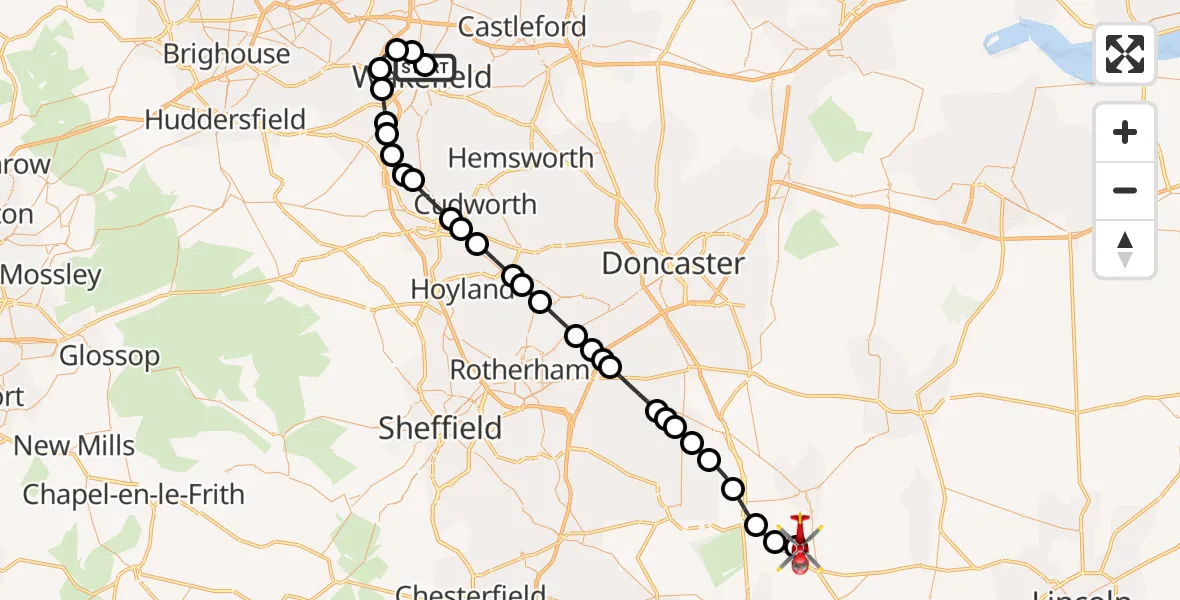 Flight route Air Ambulance Helicopter Newton Hill - Retford Gamston Airport, 07 October 2026, 16:33