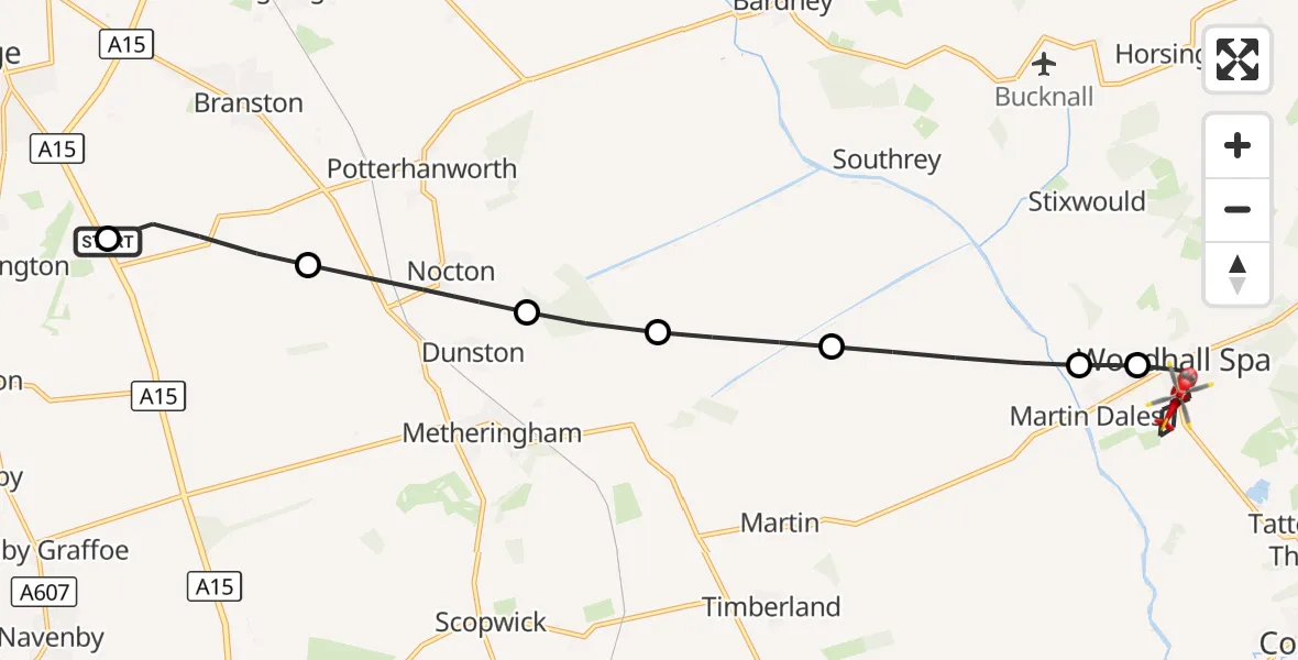 Flight route Air Ambulance Helicopter RAF Waddington - Woodhall Spa, 07 October 2026, 16:47