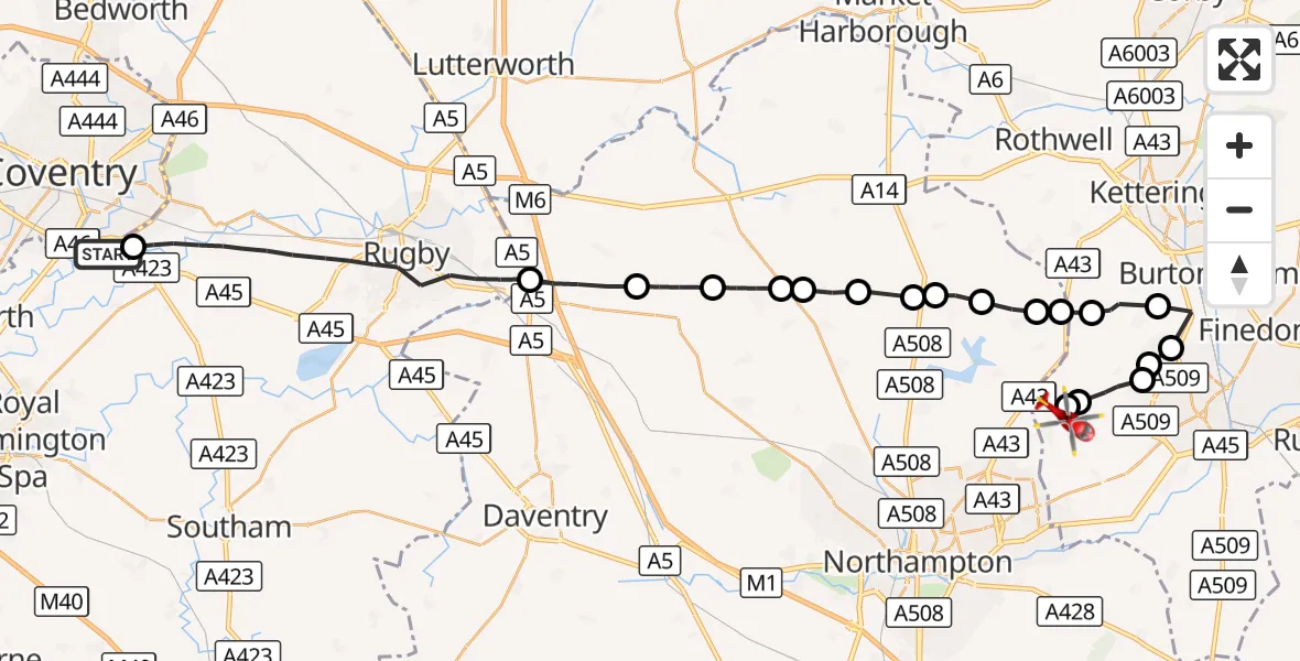 Flight route Air Ambulance Helicopter Coventry Airport - Sywell Aerodrome, 07 October 2026, 16:50
