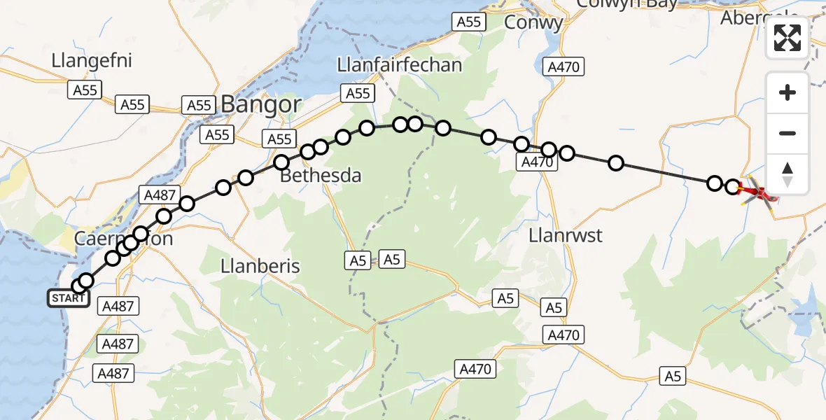 Flight route Air Ambulance Helicopter Caernarfon Airport - Llansannan, 07 October 2026, 16:59