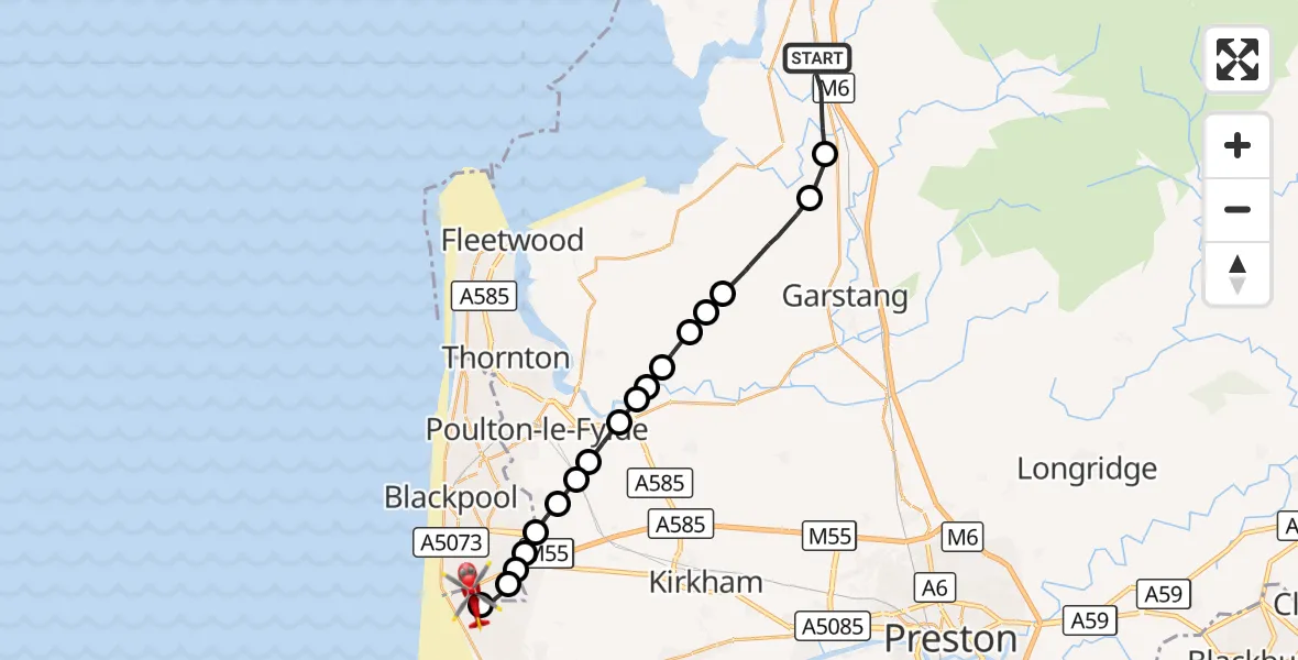 Flight route Air Ambulance Helicopter Ellel - Blackpool Airport, 07 October 2026, 17:00