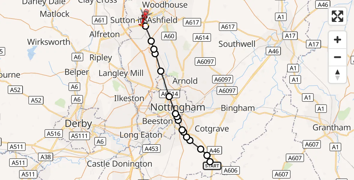 Flight route Air Ambulance Helicopter Nottingham Heliport - Sutton in Ashfield, 07 October 2026, 17:04
