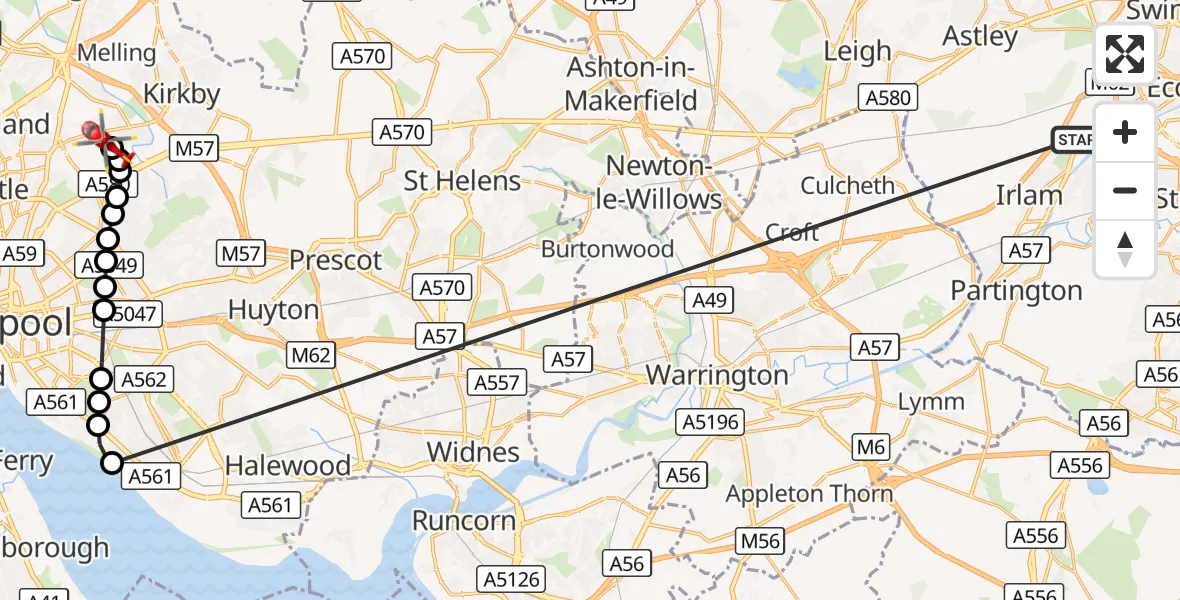 Flight route Air Ambulance Helicopter Manchester Barton Aerodrome - Aintree University Hospital Heliport, 07 October 2026, 17:08