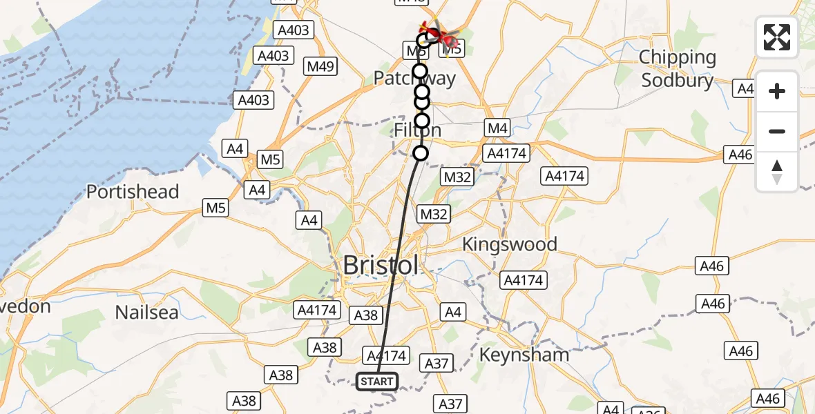 Flight route Air Ambulance Helicopter Bristol - Almondsbury Helicopter Base, 07 October 2026, 17:14