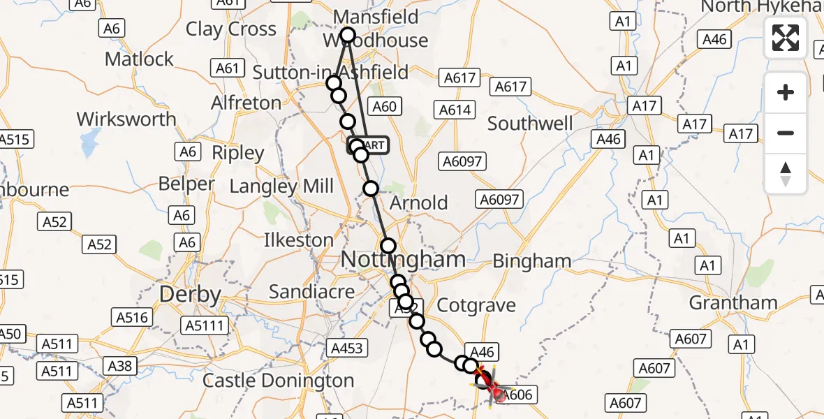 Flight route Air Ambulance Helicopter Linby CP - Hickling, 07 October 2026, 17:37
