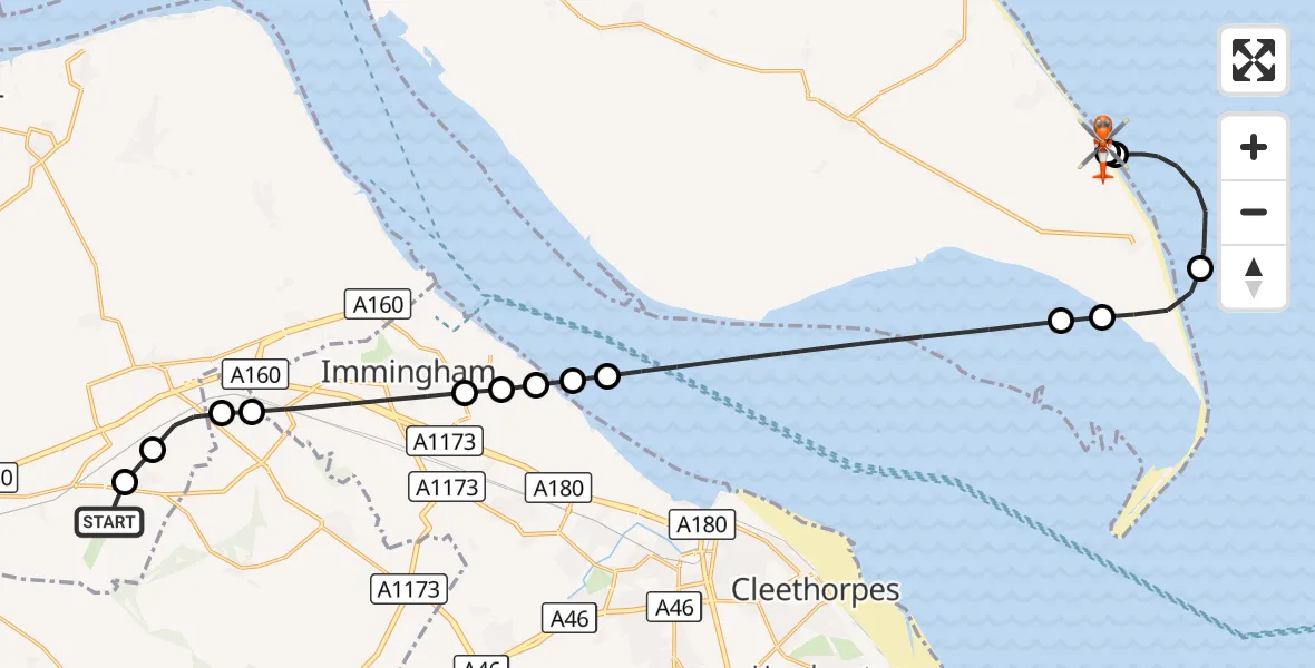 Flight route Coastguard Helicopter Humberside Airport - Holmpton, 07 October 2026, 17:39