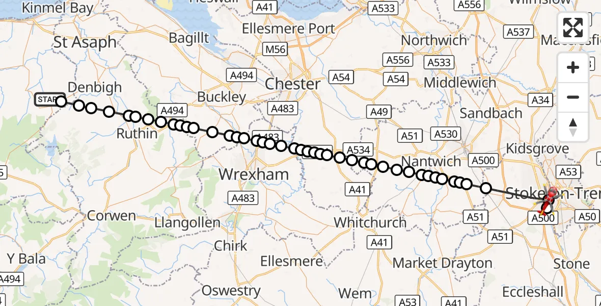 Flight route Air Ambulance Helicopter Bylchau - University Hospital North Staffs, 07 October 2026, 17:58