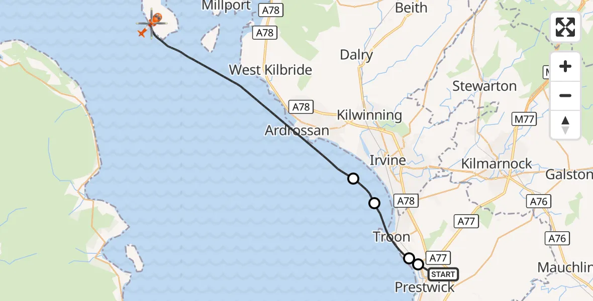 Flight route Coastguard Helicopter Glasgow Prestwick Airport - Inner Seas, 07 October 2026, 18:01