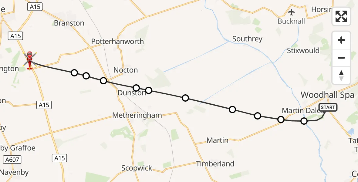 Flight route Air Ambulance Helicopter Woodhall Spa - North Kesteven, 07 October 2026, 18:23