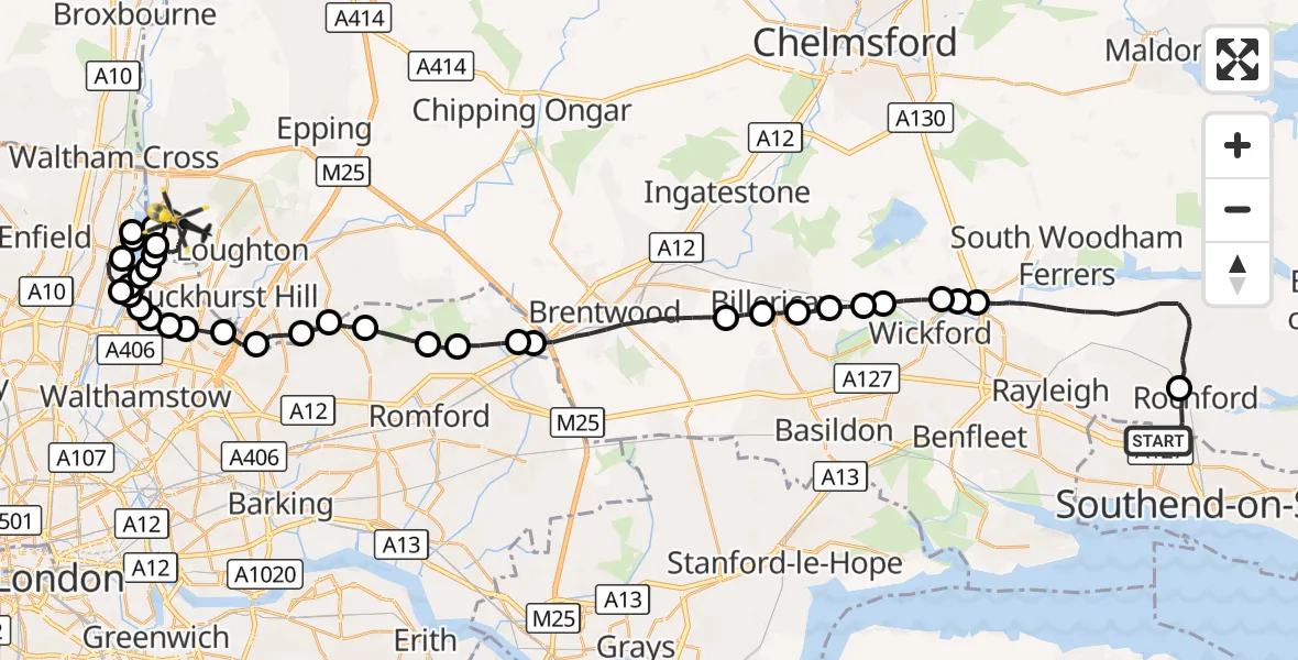 Flight route Police Helicopter London Southend Airport - Epping Forest, 07 October 2026, 18:36