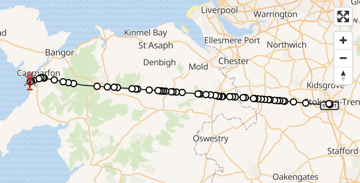 Flight route Air Ambulance Helicopter University Hospital North Staffs - Caernarfon Airport, 07 October 2026, 18:51