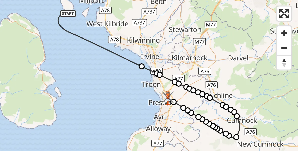 Flight route Coastguard Helicopter Inner Seas - Glasgow Prestwick Airport, 07 October 2026, 19:24