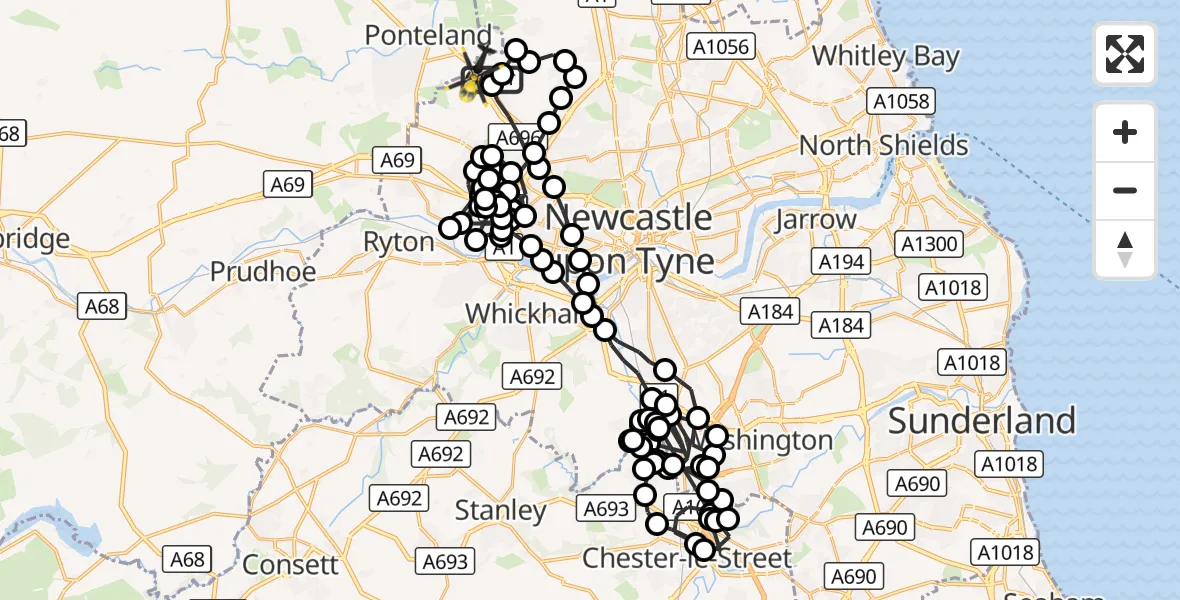 Flight route Police Helicopter Newcastle International Airport - Callerton, 07 October 2026, 19:42