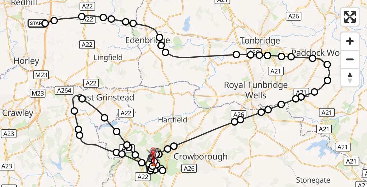 Flight route Air Ambulance Helicopter Redhill Aerodrome - Nutley, 07 October 2026, 19:58