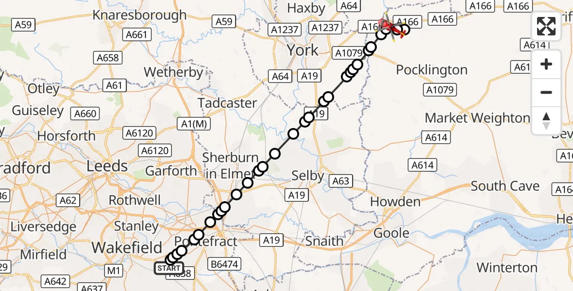Flight route Air Ambulance Helicopter YAA Nostell Helicopter Port - Full Sutton, 07 October 2026, 19:59