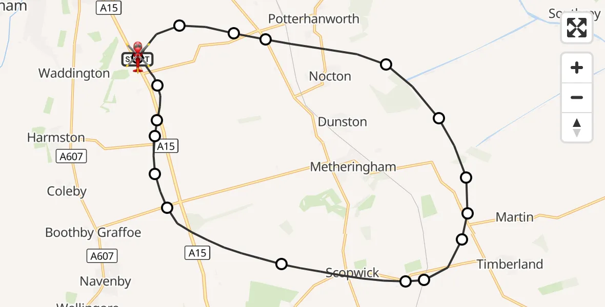 Flight route Air Ambulance Helicopter RAF Waddington - North Kesteven, 07 October 2026, 20:14