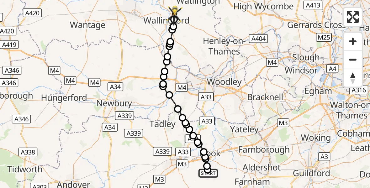 Flight route Police Helicopter Greywell - RAF Benson, 07 October 2026, 20:29
