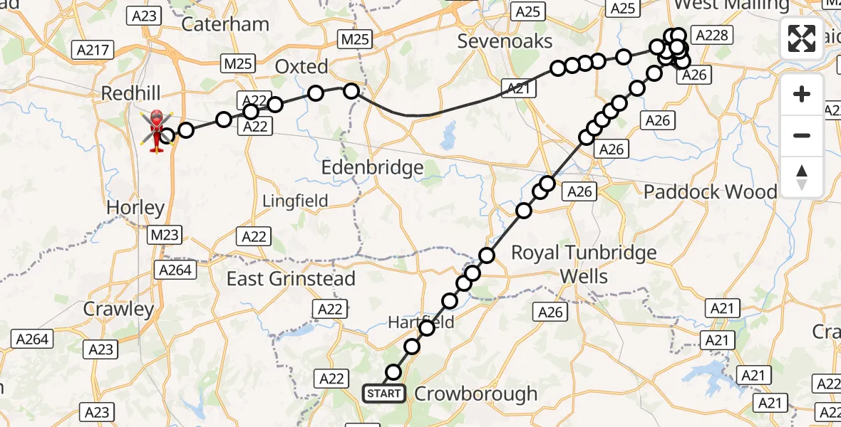 Flight route Air Ambulance Helicopter Wealden - Redhill Aerodrome, 07 October 2026, 20:52