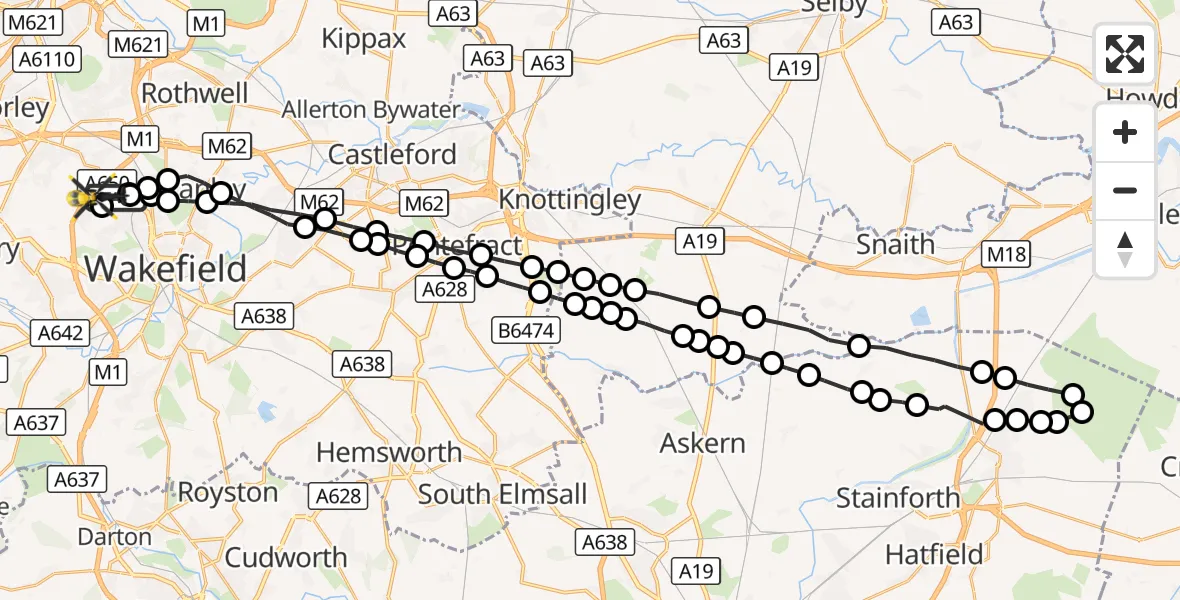 Flight route Police Helicopter Wrenthorpe - East Ardsley, 07 October 2026, 21:00