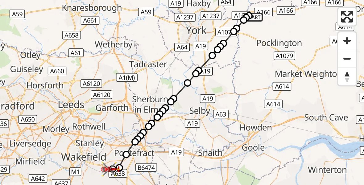 Flight route Air Ambulance Helicopter Full Sutton - YAA Nostell Helicopter Port, 07 October 2026, 21:13