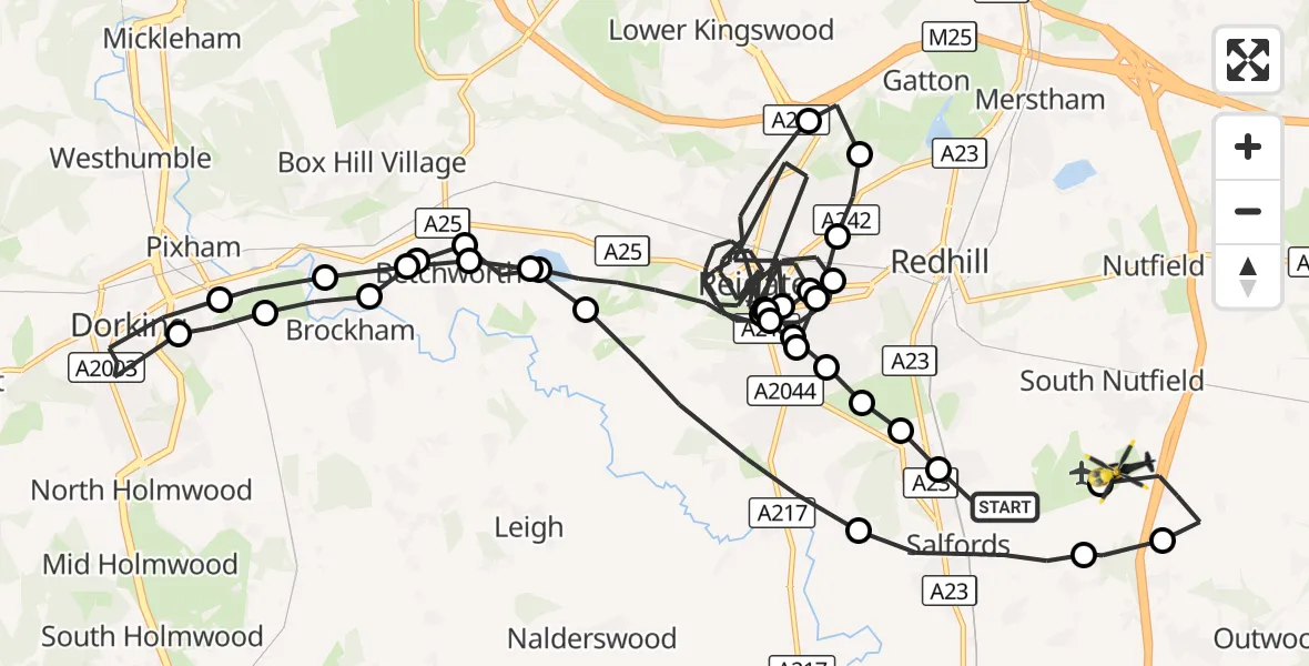 Flight route Police Helicopter Salfords - Tandridge, 07 October 2026, 21:20