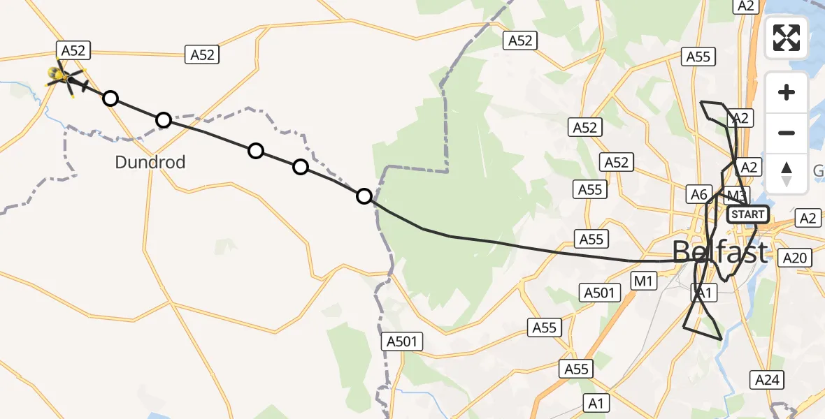Flight route Police Helicopter Belfast City District - RAF Nutts Corner / Belfast-Nutts Corner Airport, 07 October 2026, 21:41