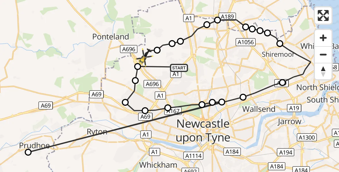Flight route Police Helicopter Middle Brunton - Newcastle International Airport, 07 October 2026, 22:07