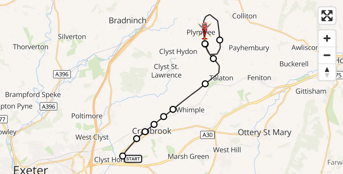 Flight route Air Ambulance Helicopter Exeter International Airport - Plymtree, 07 October 2026, 22:28