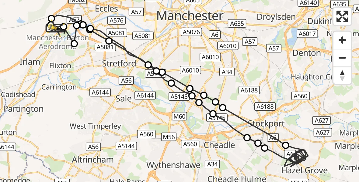 Flight route Police Helicopter Manchester Barton Aerodrome - Manchester Barton Aerodrome, 07 October 2026, 22:42