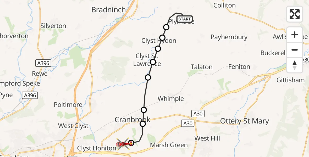 Flight route Air Ambulance Helicopter Plymtree - Exeter International Airport, 07 October 2026, 22:44