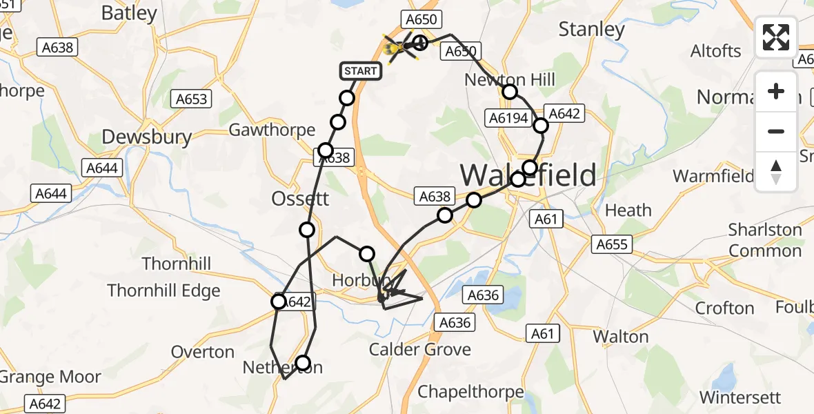 Flight route Police Helicopter Woodkirk - East Ardsley, 07 October 2026, 23:06