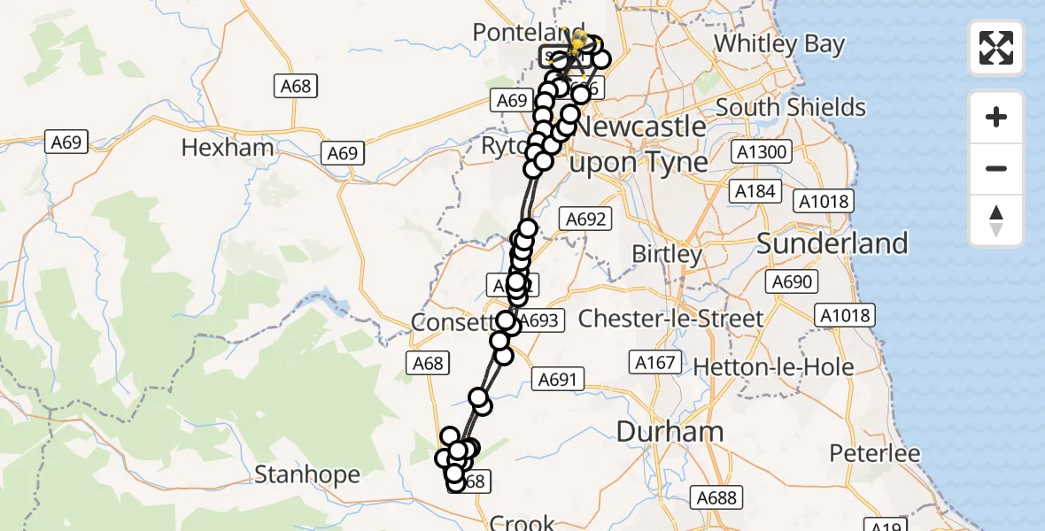 Flight route Police Helicopter Newcastle International Airport - Woolsington, 07 October 2026, 23:34