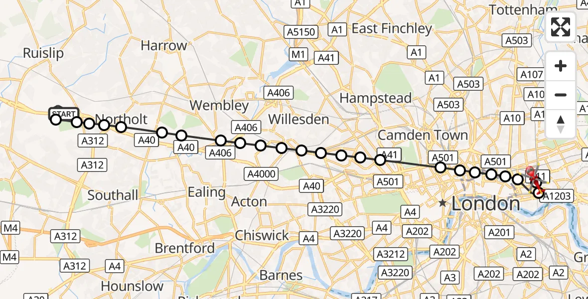 Flight route Air Ambulance Helicopter RAF Northolt - Royal London Hospital, 08 October 2026, 06:54