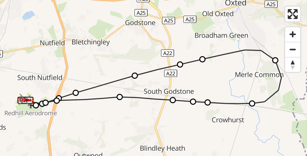 Flight route Air Ambulance Helicopter Redhill Aerodrome - Redhill Aerodrome, 08 October 2026, 07:26