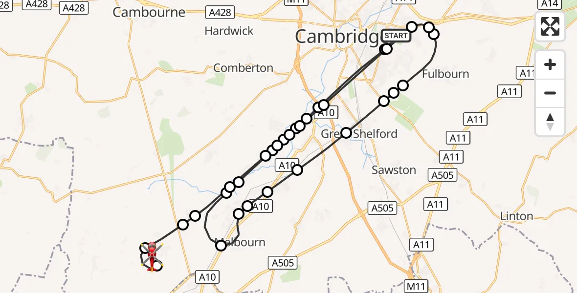 Flight route Air Ambulance Helicopter Cambridge City Airport - Bassingbourn cum Kneesworth, 08 October 2026, 07:37