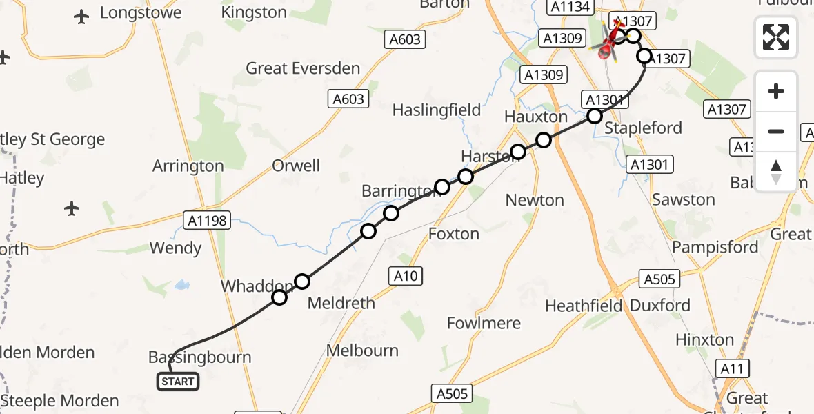 Flight route Air Ambulance Helicopter Bassingbourn cum Kneesworth - Papworth Hospital, 08 October 2026, 08:24