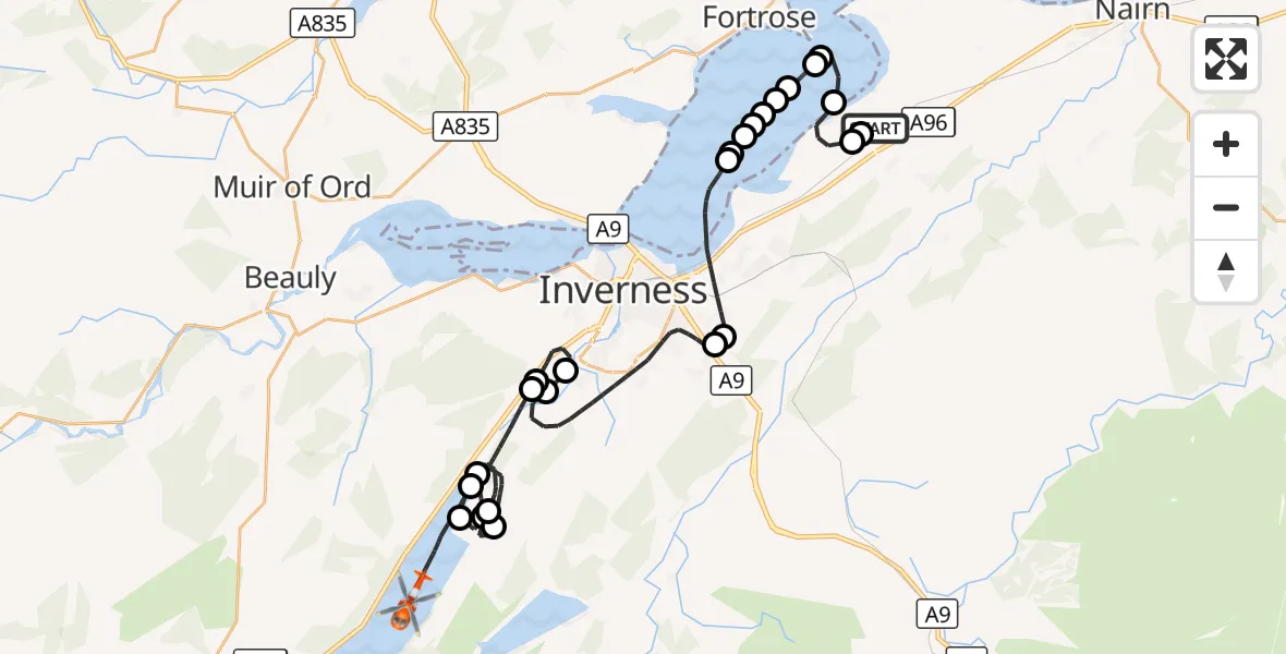 Flight route Coastguard Helicopter Inverness Airport - Loch Ness, 08 October 2026, 08:52