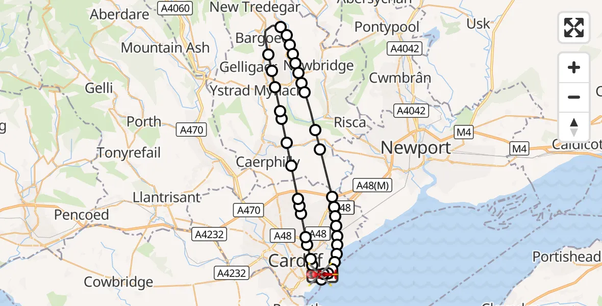 Flight route Air Ambulance Helicopter Cardiff Heliport - Cardiff Heliport, 08 October 2026, 08:58