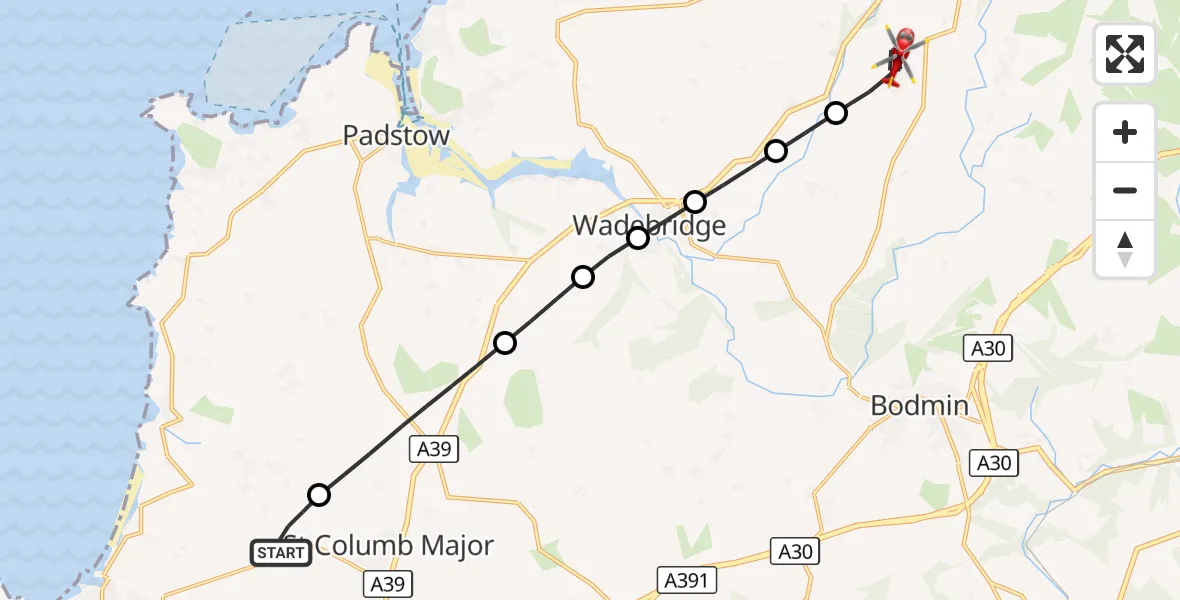 Flight route Air Ambulance Helicopter Cornwall Airport Newquay - St Tudy, 08 October 2026, 08:59