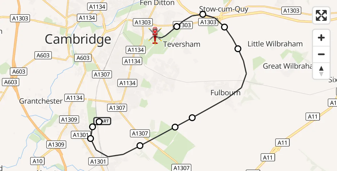 Flight route Air Ambulance Helicopter Papworth Hospital - Cambridge City Airport, 08 October 2026, 09:09