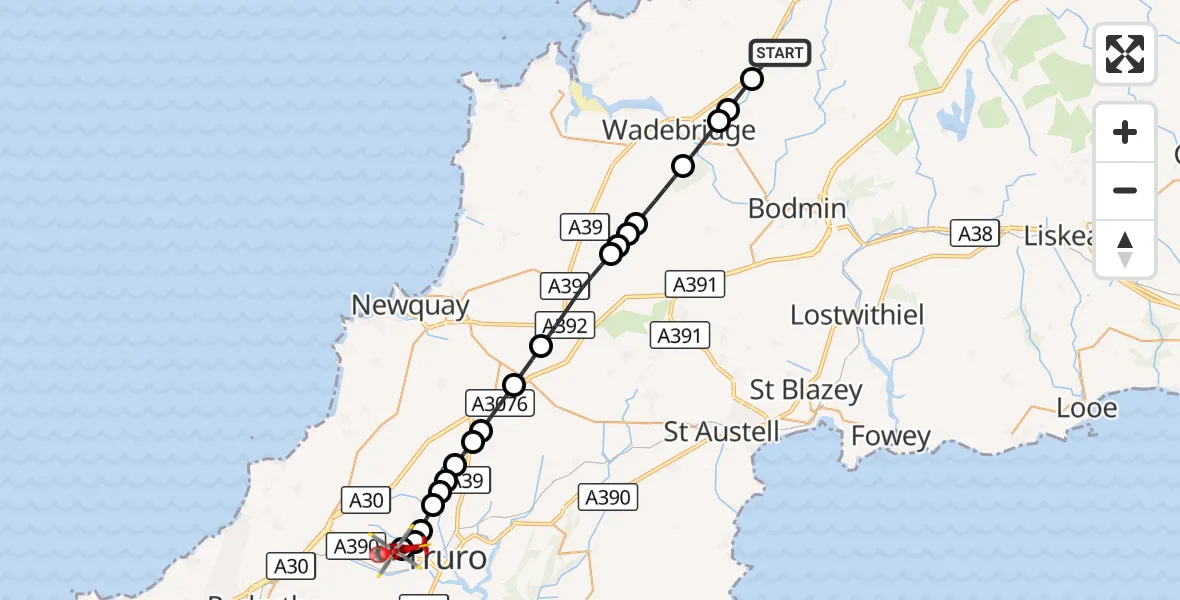 Flight route Air Ambulance Helicopter St Tudy - Treliske Hospital, 08 October 2026, 09:39