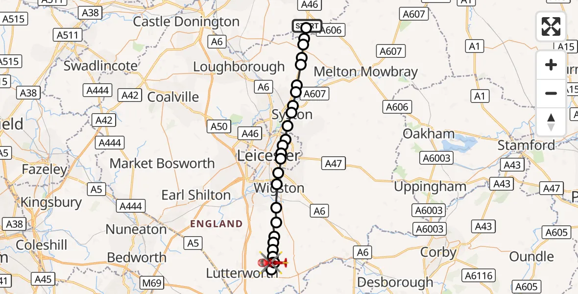 Flight route Air Ambulance Helicopter Nottingham Heliport - Kimcote and Walton, 08 October 2026, 09:41