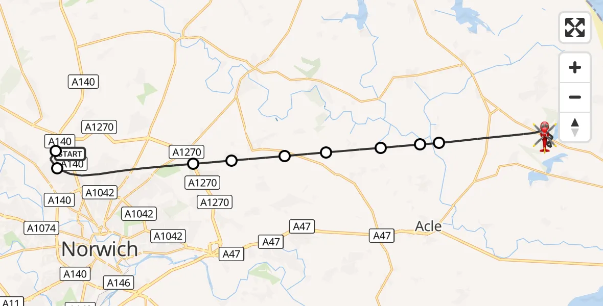 Flight route Air Ambulance Helicopter Norwich Airport - Great Yarmouth, 08 October 2026, 09:43