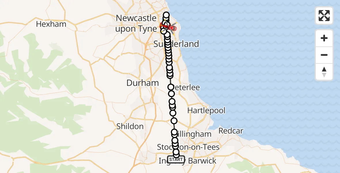 Flight route Air Ambulance Helicopter Egglescliffe - Cleadon, 08 October 2026, 09:53