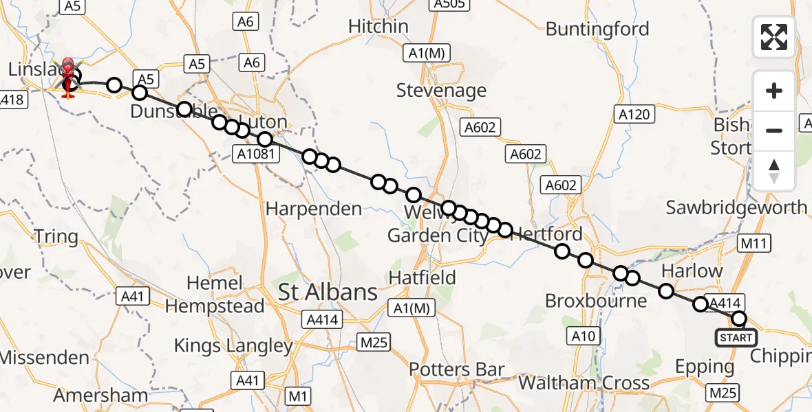 Flight route Air Ambulance Helicopter North Weald Airfield - Leighton Buzzard, 08 October 2026, 09:58