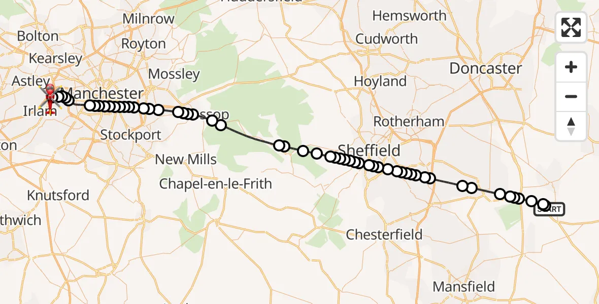 Flight route Air Ambulance Helicopter Retford Gamston Airport - Manchester Barton Aerodrome, 08 October 2026, 10:00