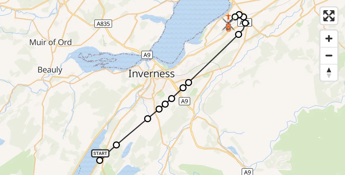 Flight route Coastguard Helicopter Loch Ness - Inverness Airport, 08 October 2026, 10:07