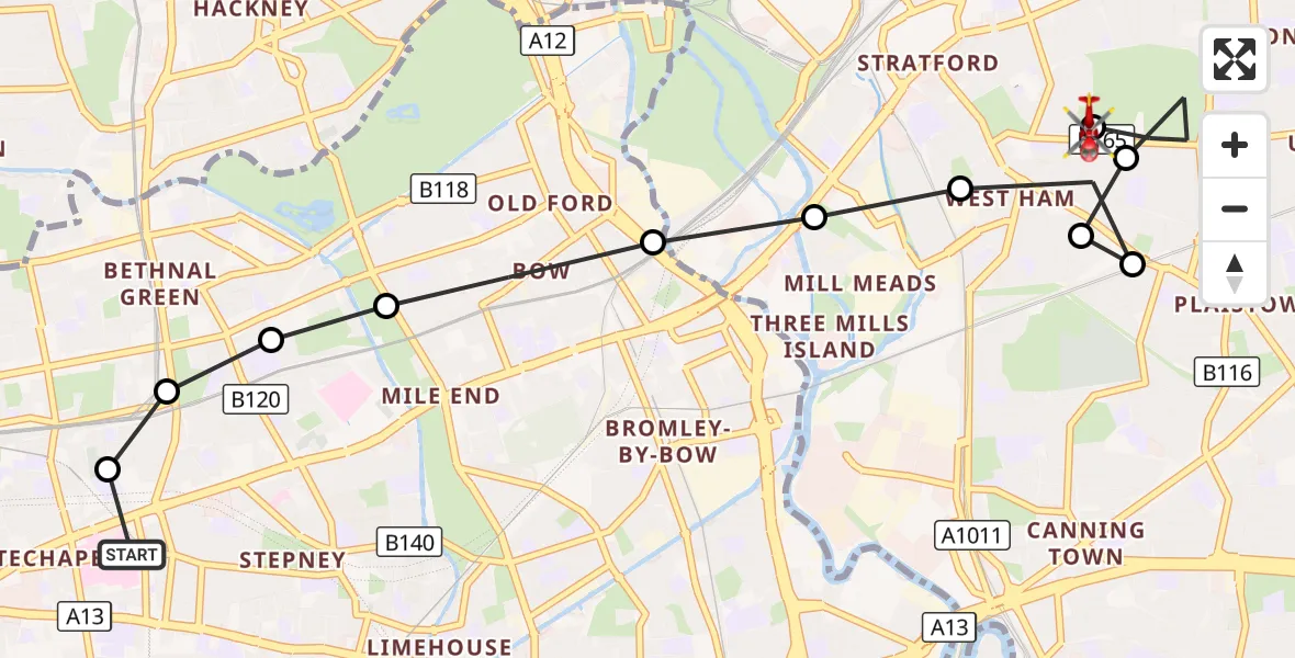 Flight route Air Ambulance Helicopter Royal London Hospital - West Ham, 08 October 2026, 10:21